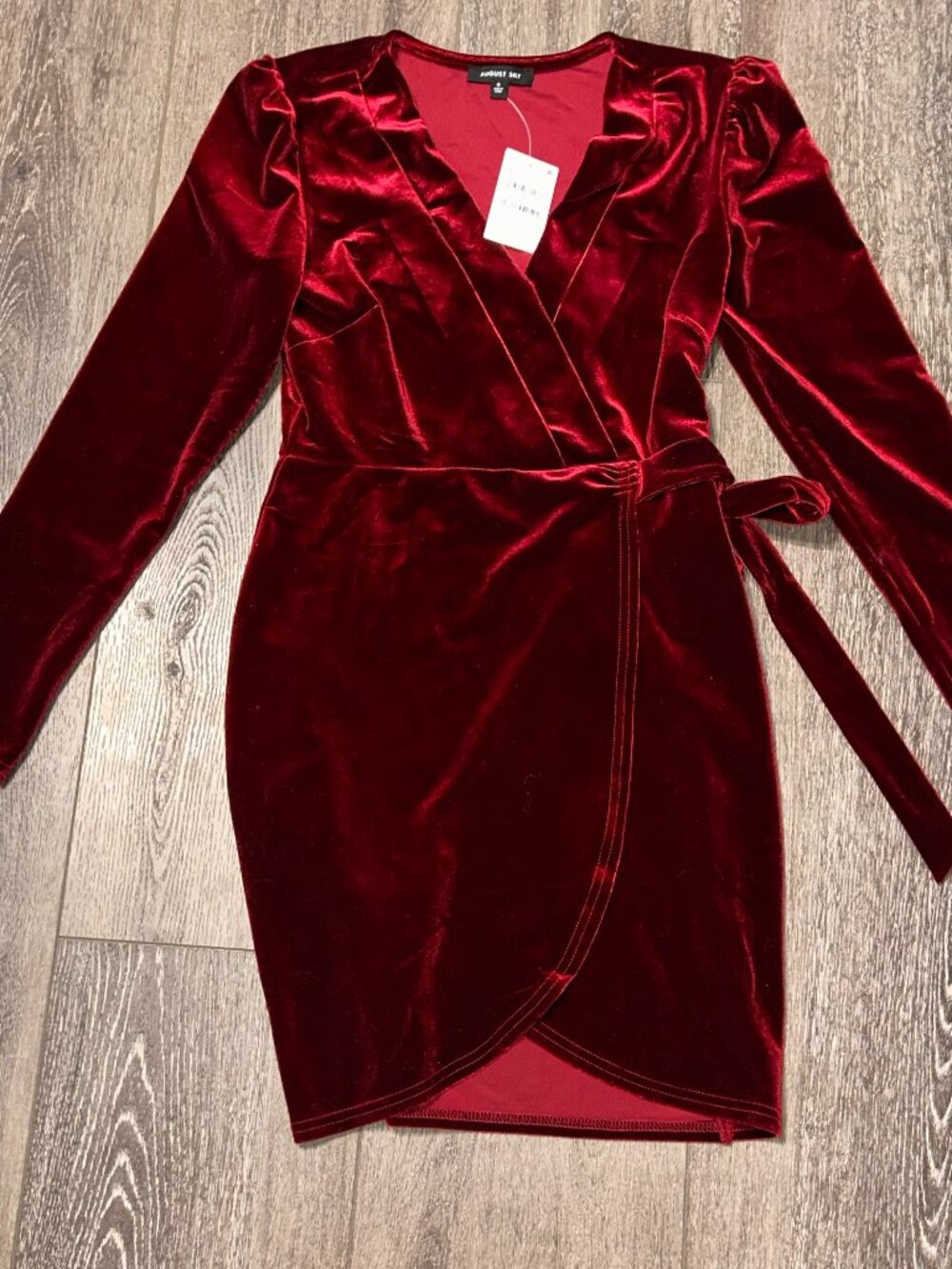 August Sky Women Tie Waist Size S Mini Long Sleeve Dress RD3042 Oxblood NWT
